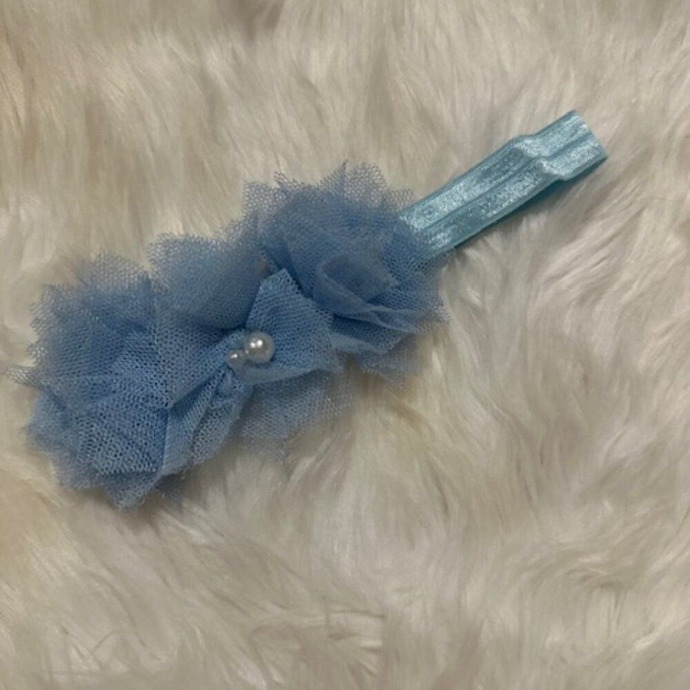 Baby Blue Trio of Tulle Flowers on FOE Headband  7551  Handmade NWT Boutique